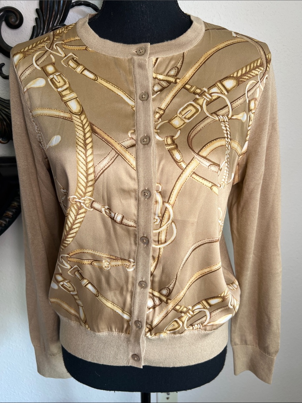 Ralph Lauren Women’s Coastal Equestrian Silky Front Tan Cardigan Sweater Large